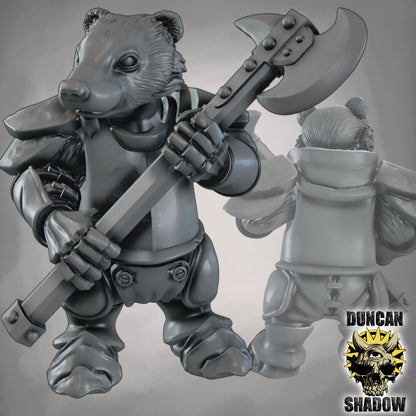 Krieger des Dachs-Volks mit Streitaxt – 32mm Resin Miniaturen für Tabletop, Wargaming & Pen & Paper | Design by Duncan Shadow
