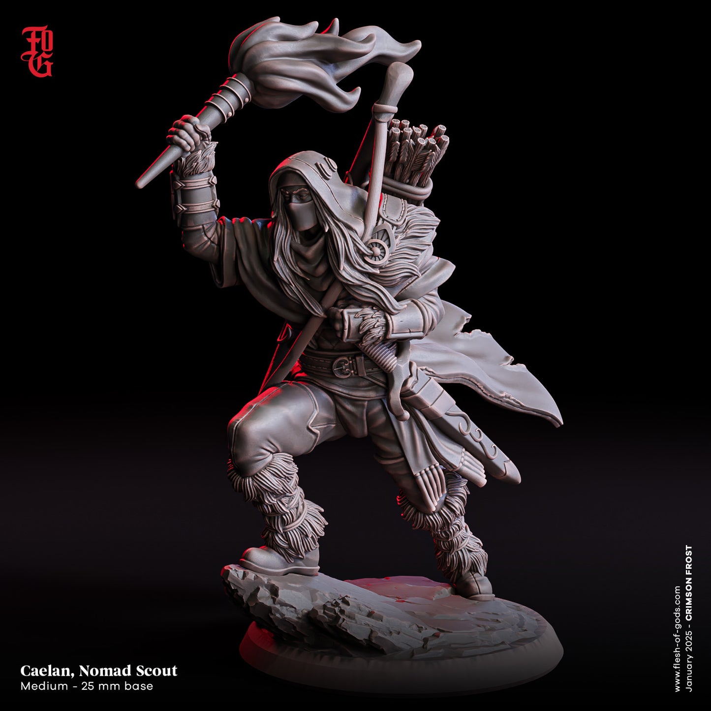 Caelan, Explorador Nómada (Elfo Guardabosques) – Miniatura de 32mm de resina | Flesh of Gods – Crimson Frost | Figura para Tabletop y RPG
