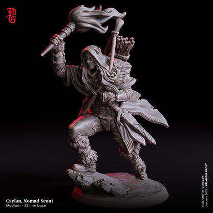 Caelan, Explorador Nómada (Elfo Guardabosques) – Miniatura de 32mm de resina | Flesh of Gods – Crimson Frost | Figura para Tabletop y RPG