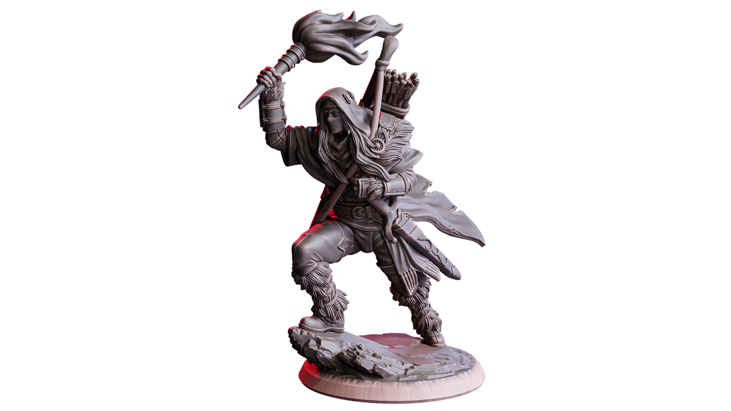 Caelan, Explorador Nómada (Elfo Guardabosques) – Miniatura de 32mm de resina | Flesh of Gods – Crimson Frost | Figura para Tabletop y RPG