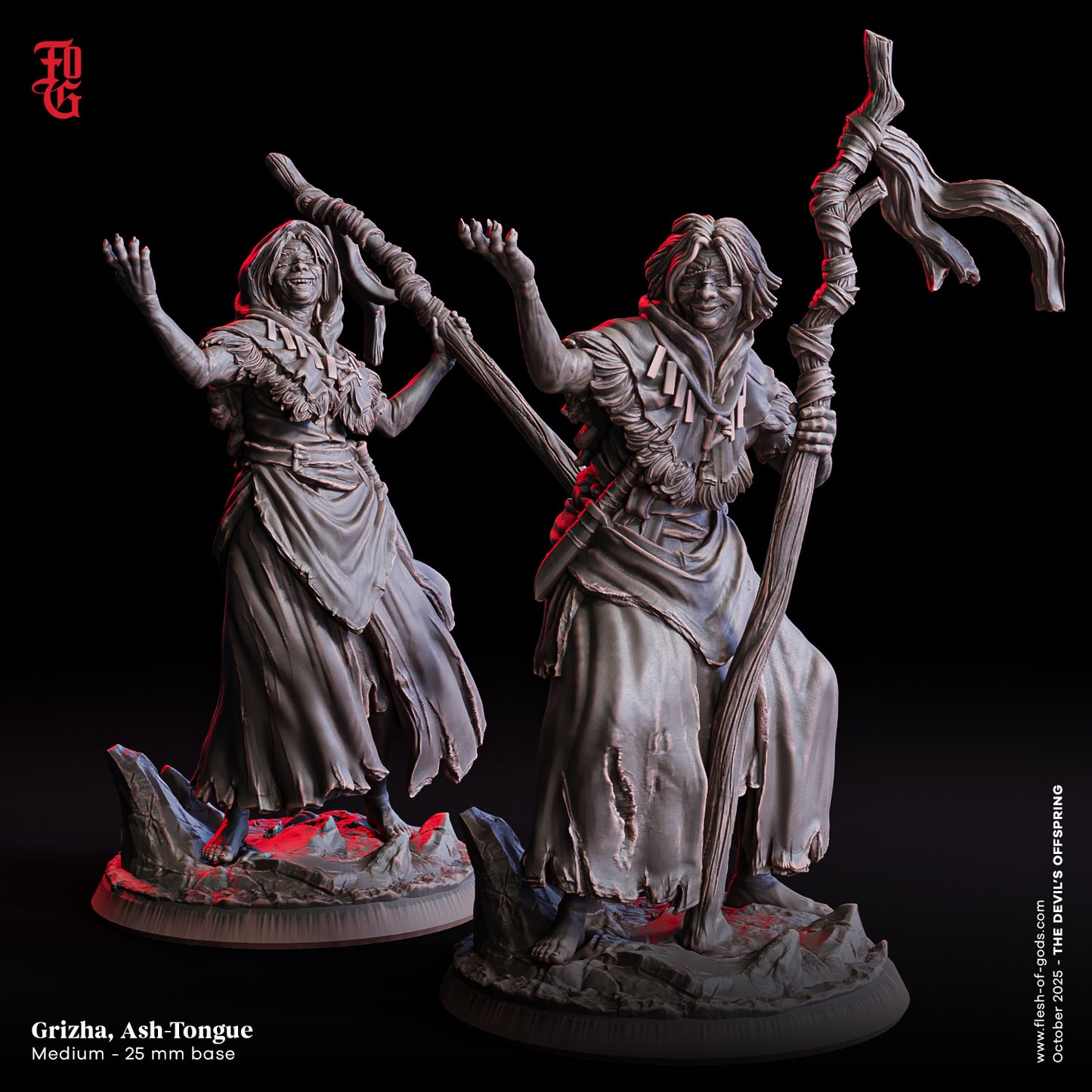 Grizha, Ash-Tongue | 32 mm Resin Miniatur (25 mm Base) | Flesh of Gods – The Devil’s Offspring | Chaotische Seherin & Kultfigur für Tabletop & Rollenspiel