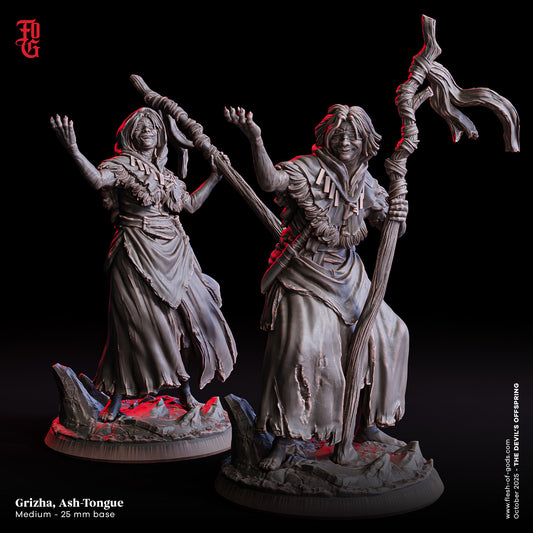 Grizha, Ash-Tongue | 32 mm Resin Miniatur (25 mm Base) | Flesh of Gods – The Devil’s Offspring | Chaotische Seherin & Kultfigur für Tabletop & Rollenspiel