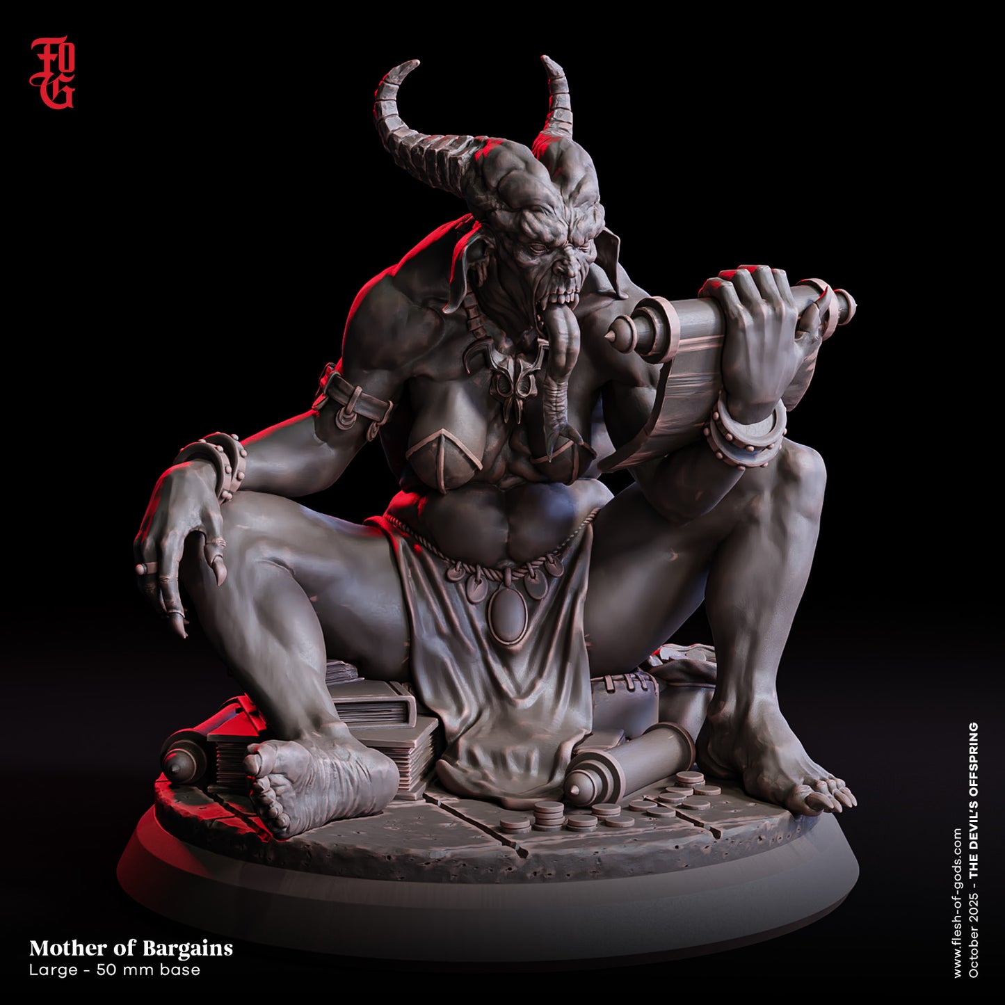 Mother of Bargains | 32 mm Resin Miniatur (50 mm Base) | Flesh of Gods – The Devil’s Offspring | Dämonische Händlerin des Schicksals für Tabletop & Rollenspiel