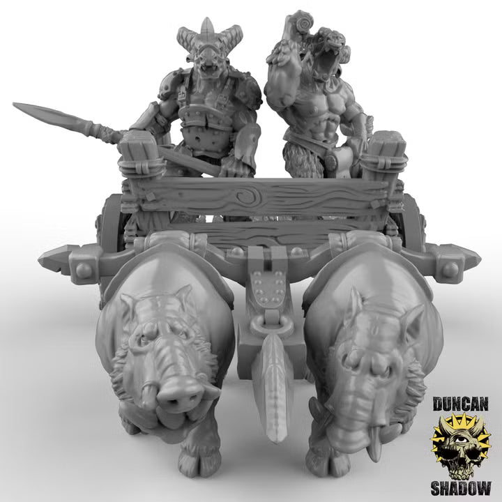 Beastmen Chariot – 32mm Resin Kampfwagen mit Beastmen & Zugtieren für Tabletop, Wargaming & Pen & Paper | Design by Duncan Shadow