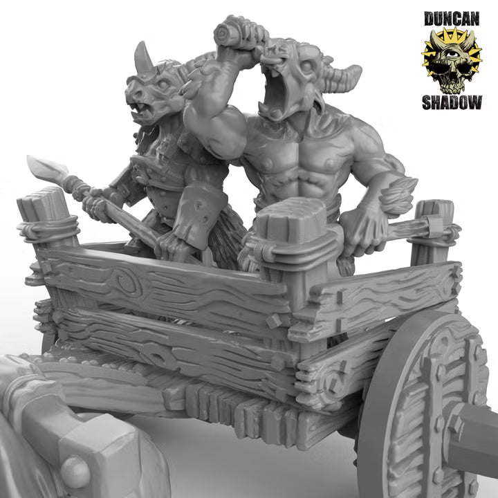 Beastmen Chariot – 32mm Resin Kampfwagen mit Beastmen & Zugtieren für Tabletop, Wargaming & Pen & Paper | Design by Duncan Shadow